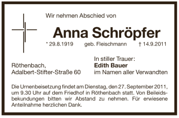 Traueranzeige von Anna Schröpfer von Pegnitz-Zeitung